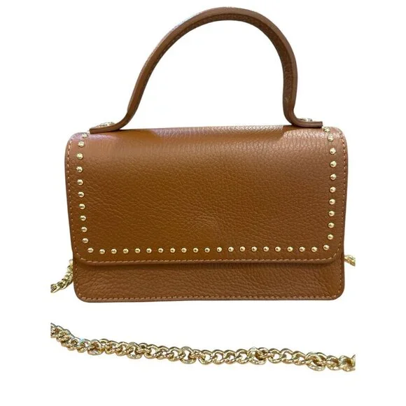 Persaman NY Pebbled Leather Mini Top Handle Crossbody Bag Brown Studded EUC - Picture 2 of 9